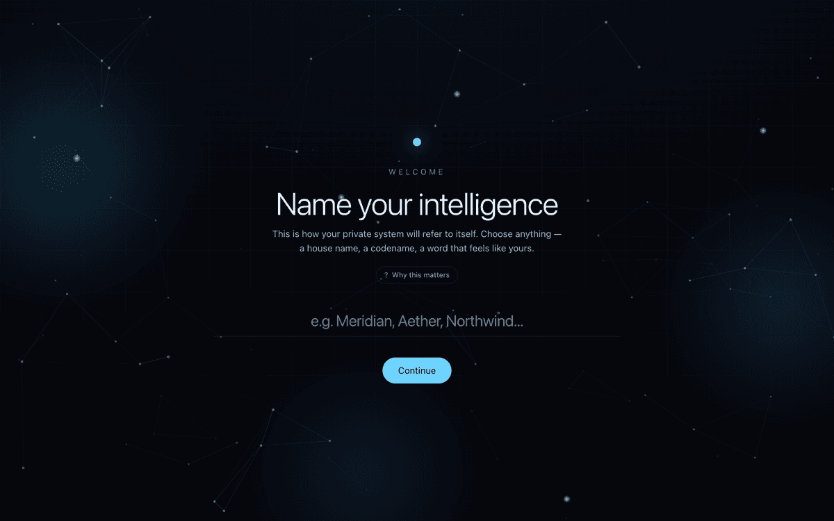 Aether welcome screen - name your private intelligence